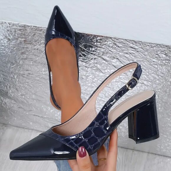 Elegant Pointed Toe Summer Sandals – Chunky Heel, Black & Gold, Size 7.5 - Picture 1 of 8